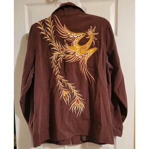 Bob Mackie Wearable Art Large BOHO Embroidered Phoenix Full Zip Poly Suede